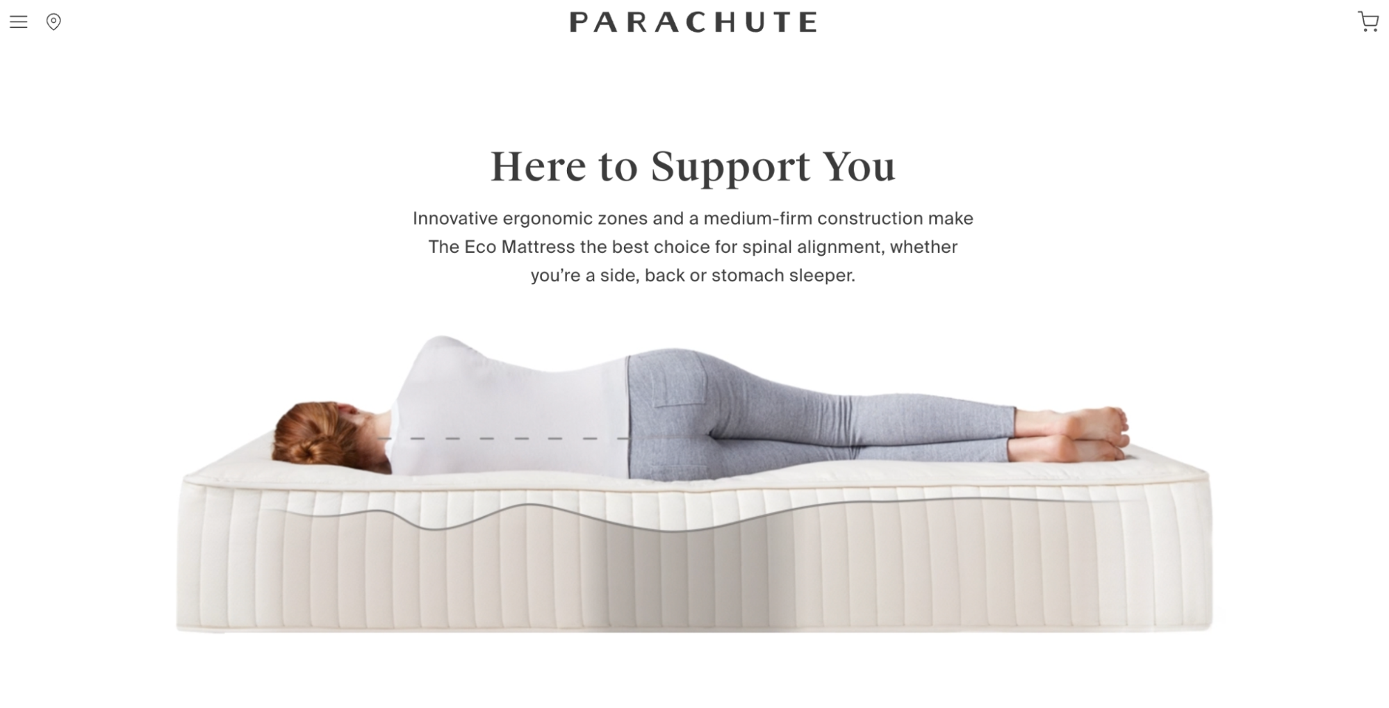 Headline on Parachute’s website says, “Here to Support You”, with a woman lying on a mattress.