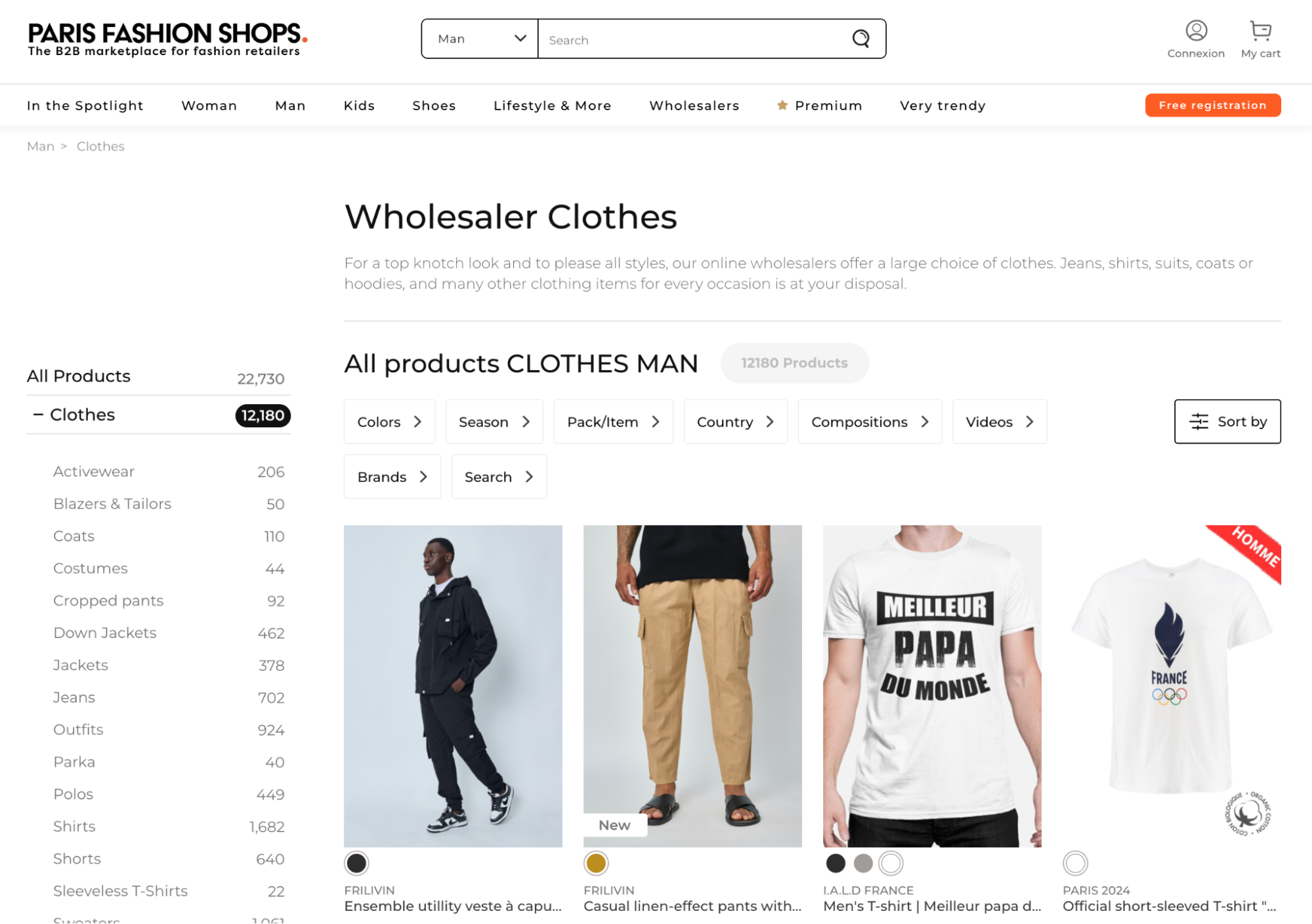 Paris Fashion Shops wholesale clothing page showing men’s apparel categories and product listings.