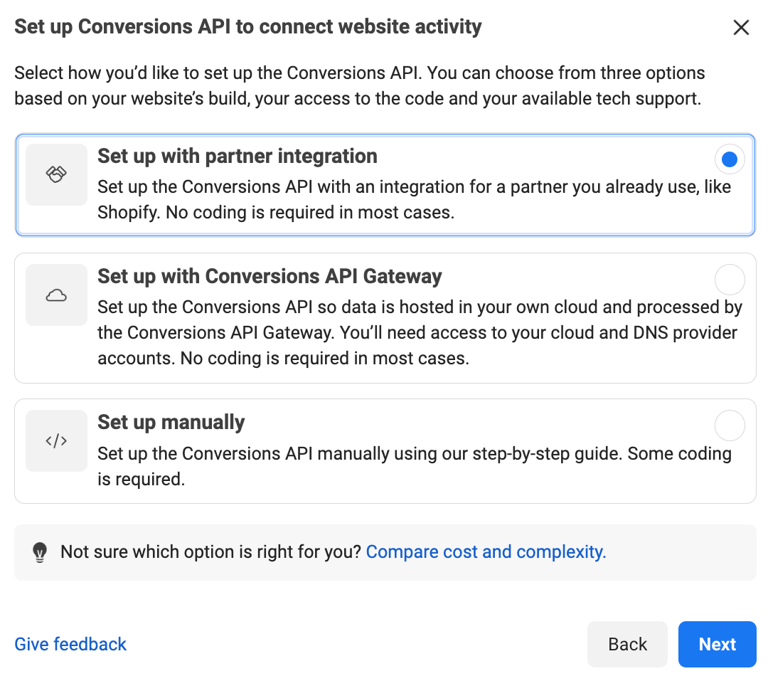 Options to set up integration including partner options