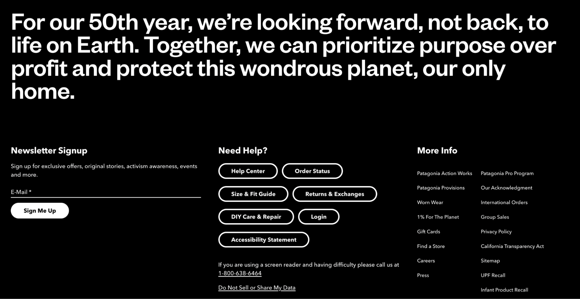 Screenshot of the Patagonia website highlighting its mission in bold white text on a black background.