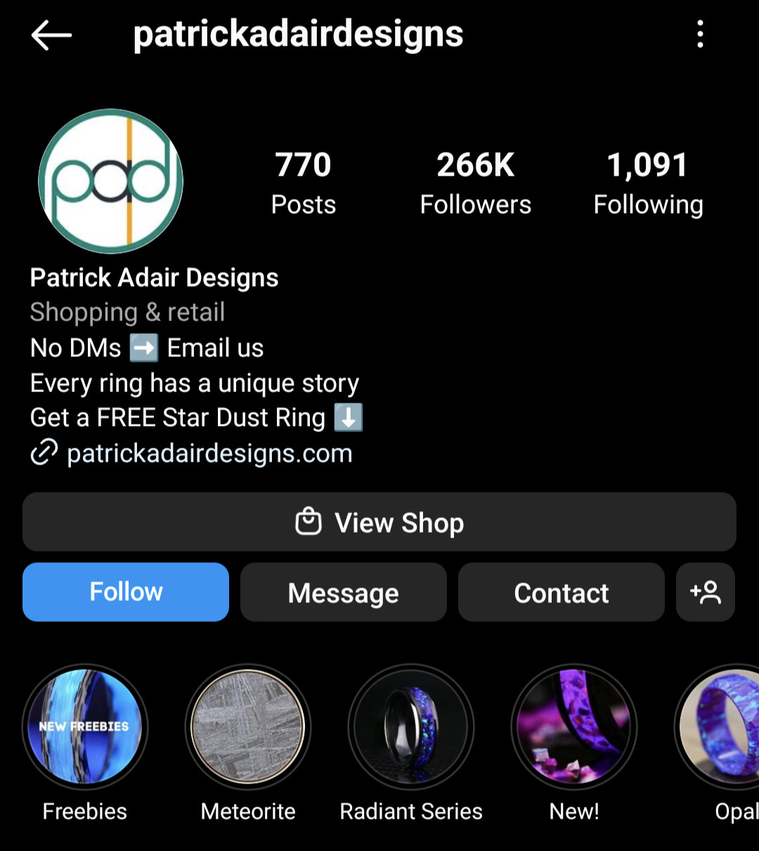 screenshot of Patrick Adair Instagram bio