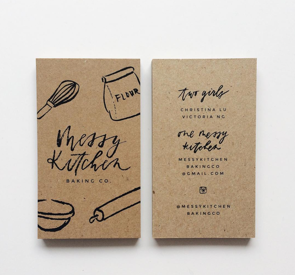 Vertical card printed on recycled stock featuring calligraphy and baking equipment illustrations.