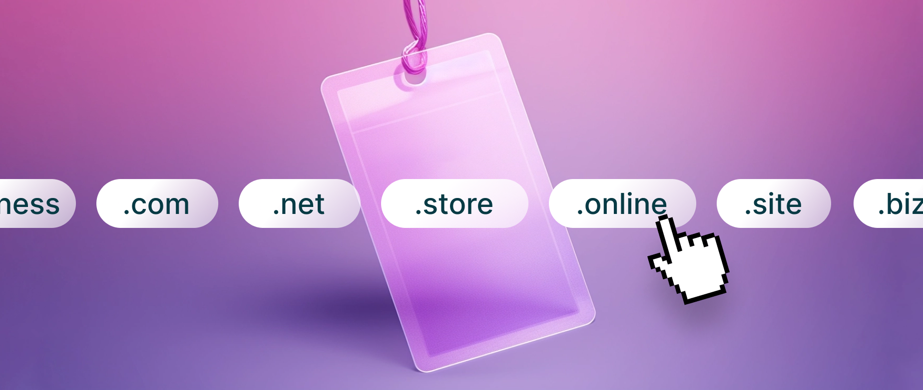 A price tag hangs behind popular domain extensions, representing the idea of domain prices.