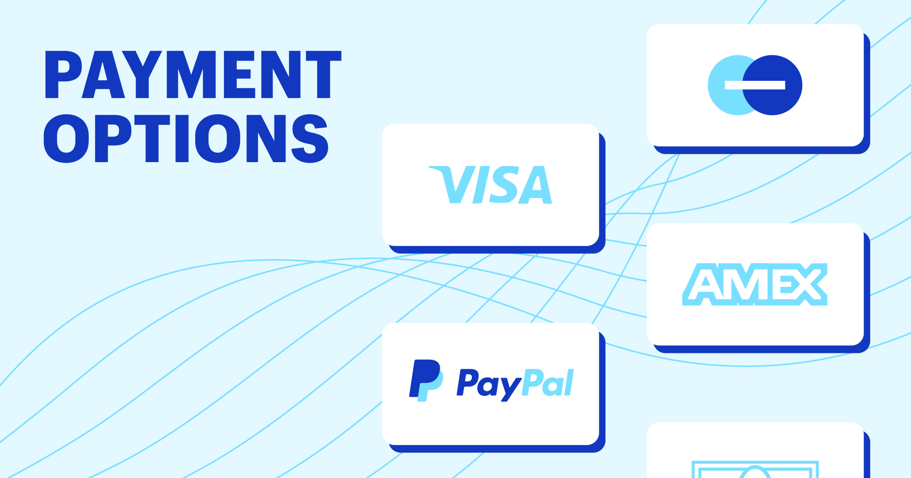 card shapes with branded names like Visa representing payment methods