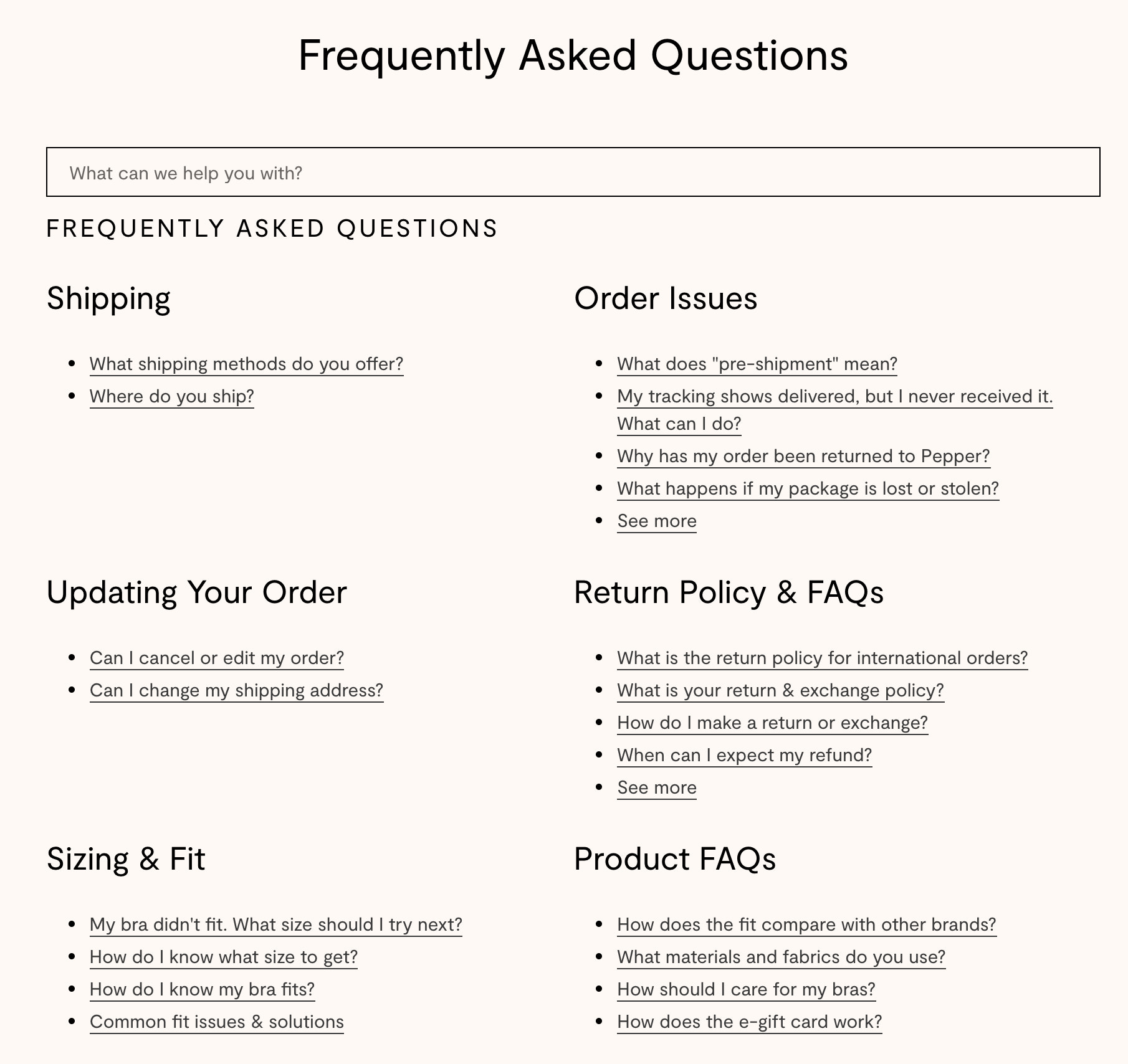 Pepper’s FAQ page with questions sorted into shipping, returns, sizing, and other categories.