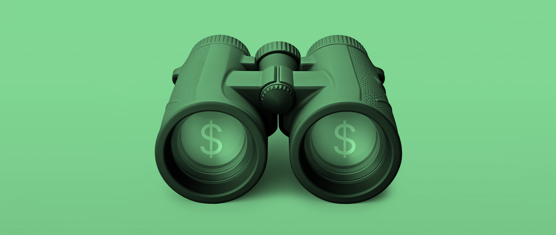 Dark green binoculars with money signs in the lenses on a green background.