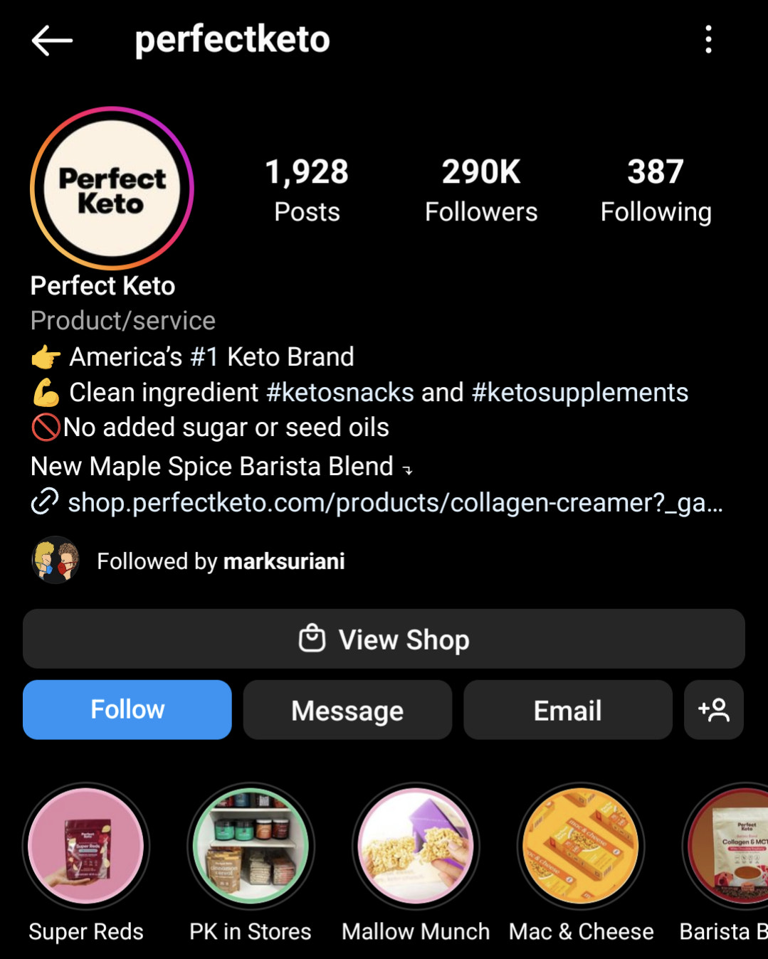 screenshot of Perfect Keto Instagram bio