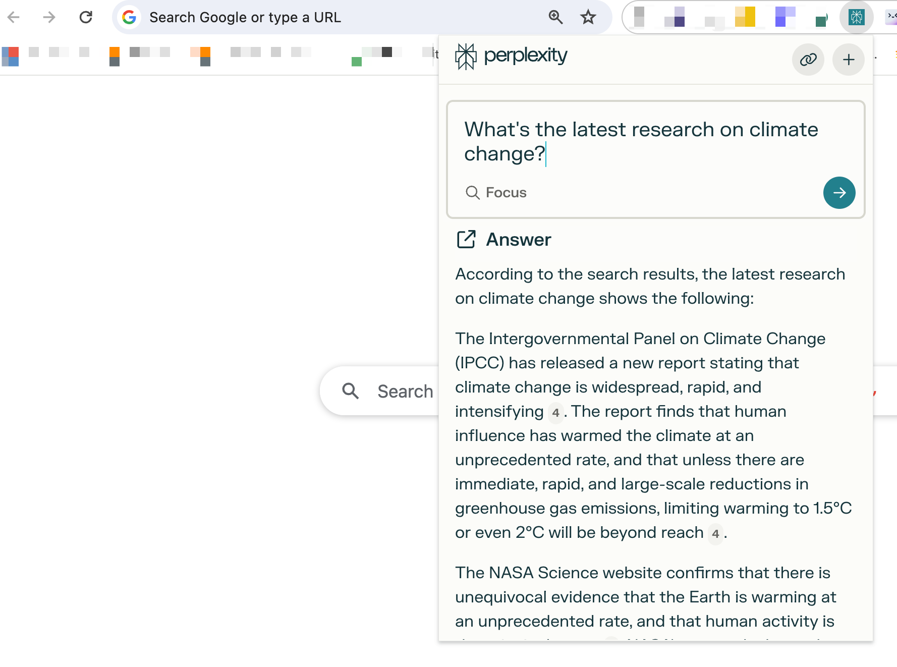 Perplexity answering, “What’s the latest research on climate change?” with IPCC and NASA data.