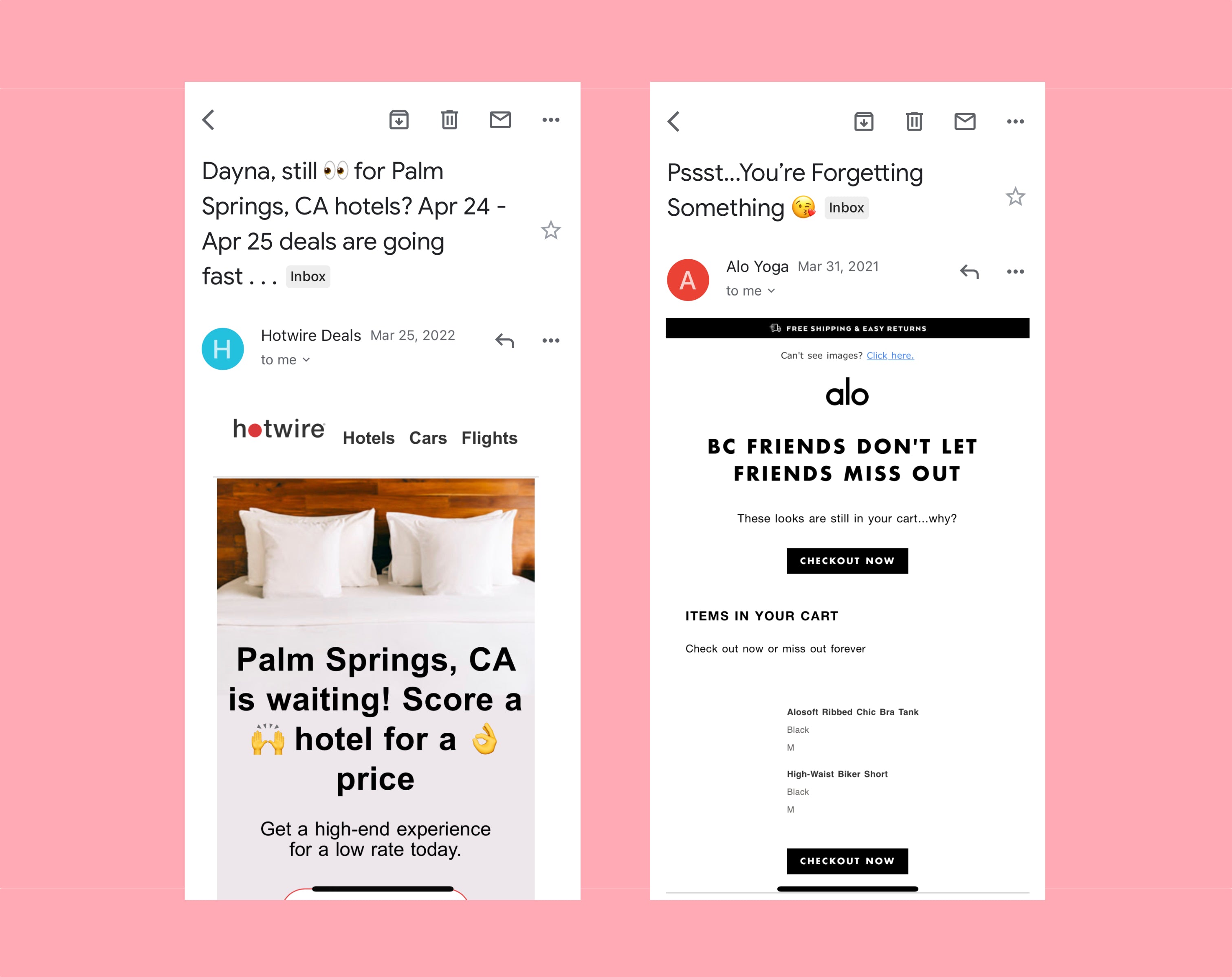 Side by side mobile screen grabs of personalized marketing emails