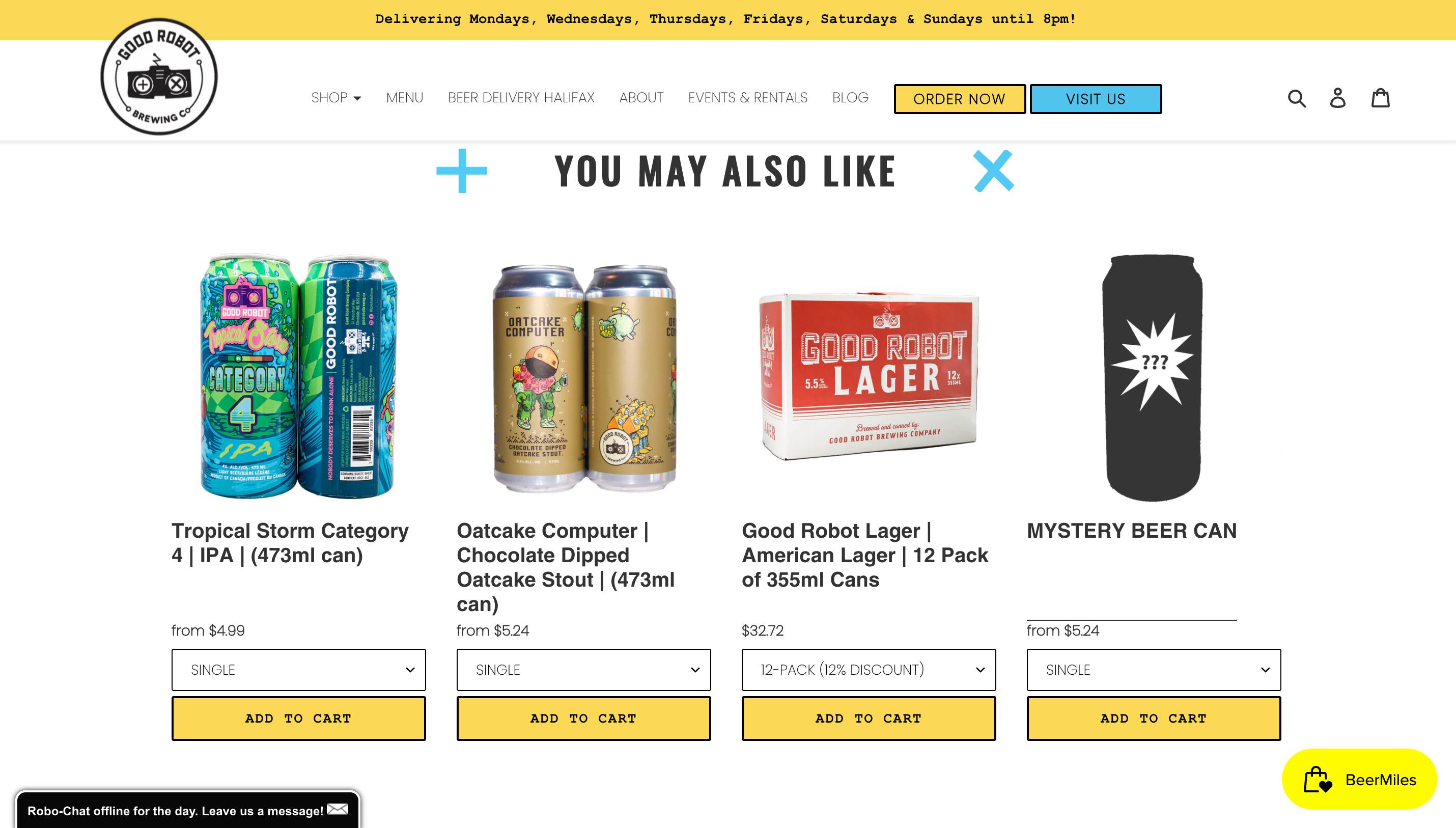 Screen grab of a product recommendation section on a website for brand Good Robot Brewing