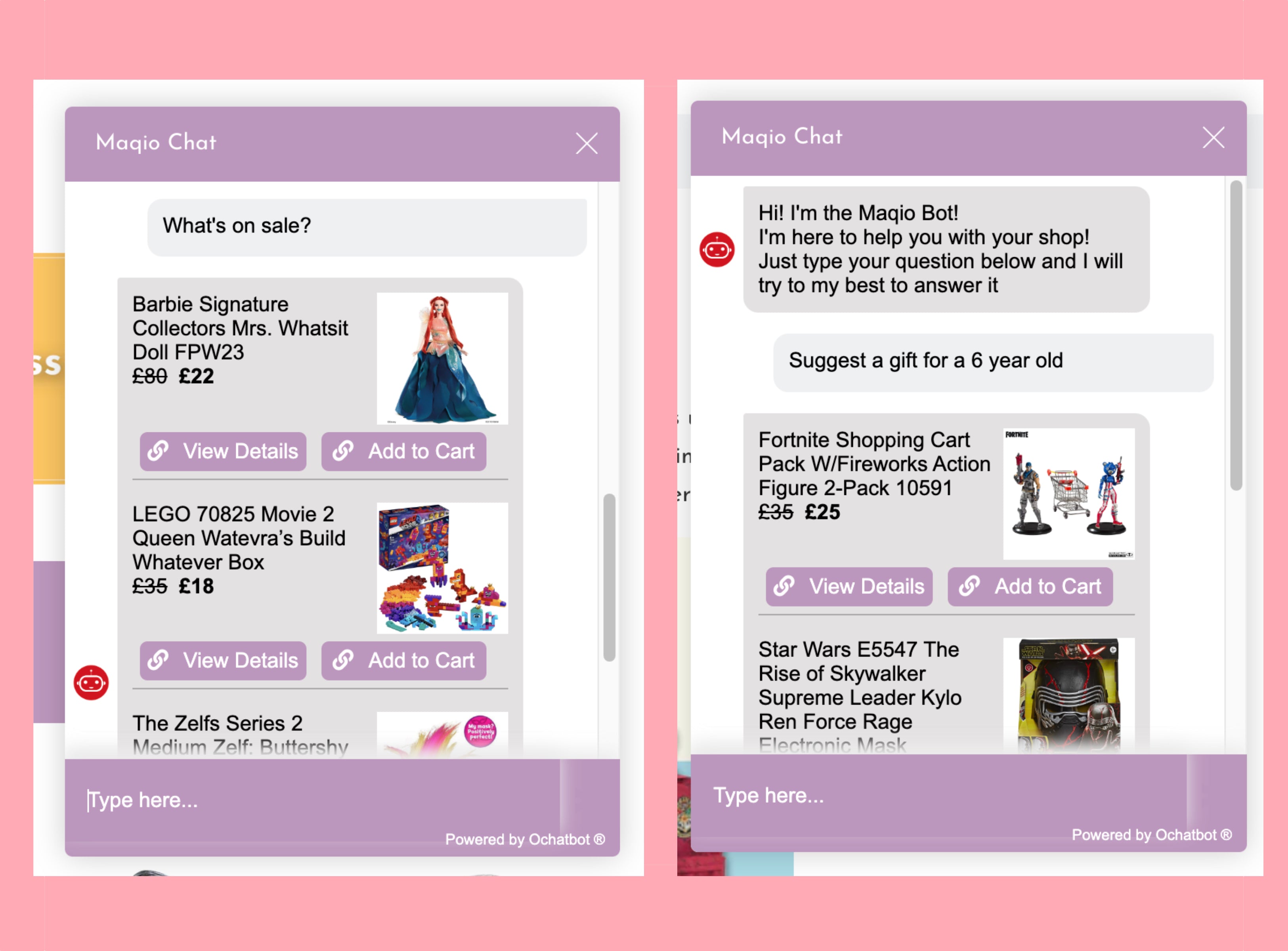 Screen grab from a chatbot from the website of Maqio Toys