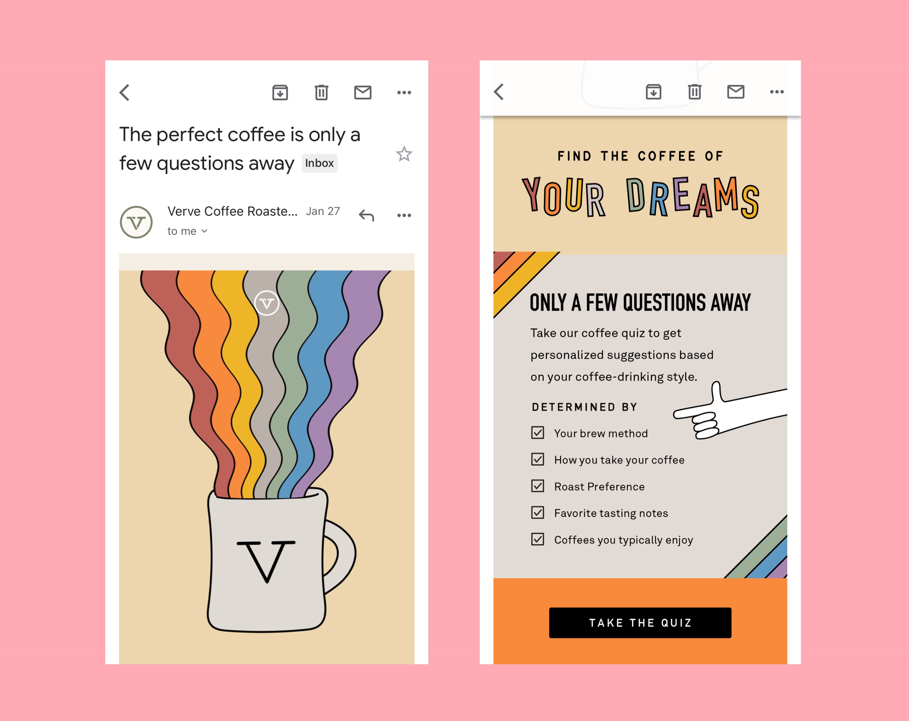 Side by side shots of Verve Coffee email marketing promoting an onsite quiz