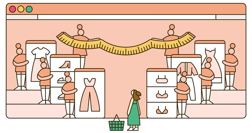 Illustration of a person reviewing fashion options on oversized browser windows held by sales associates featuring