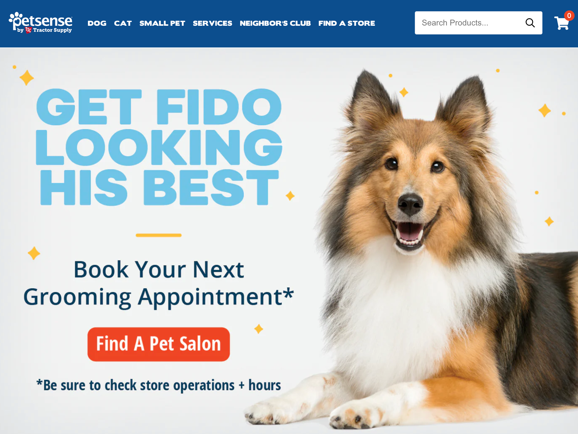 Petsense’s landing page for pet grooming services