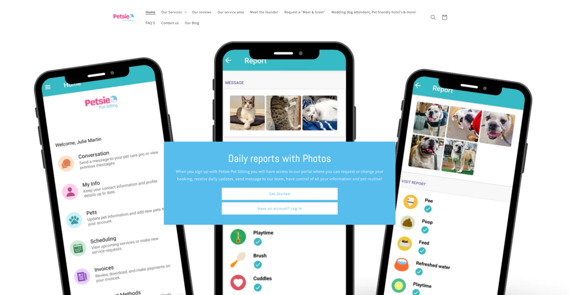 Various Petsie app screens show photo and text updates from pet sitters to owners