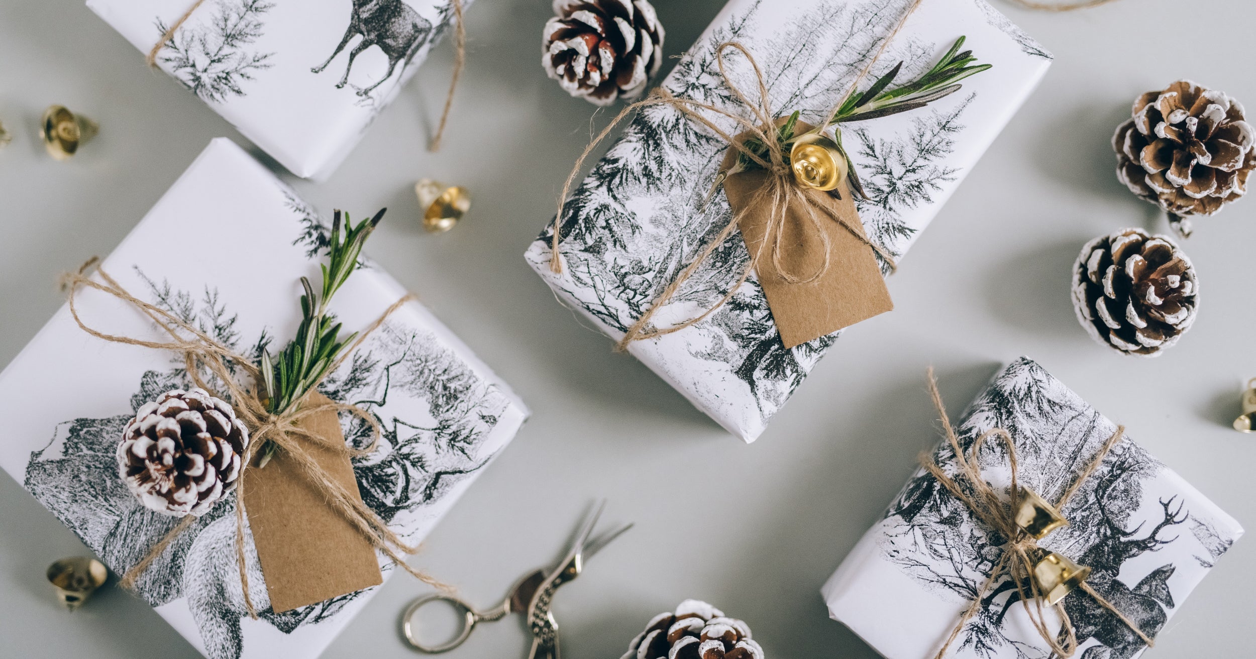 Gift wrapped holiday boxes and wrapping supplies 