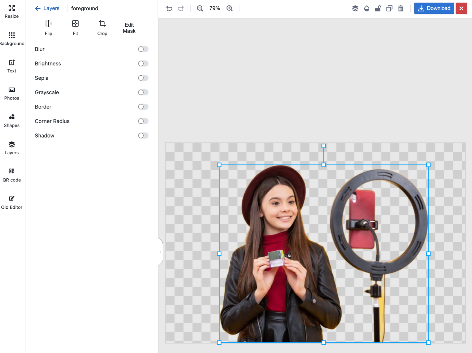 PhotoScissors’ new editor showing tools to edit a photo of a woman posing.