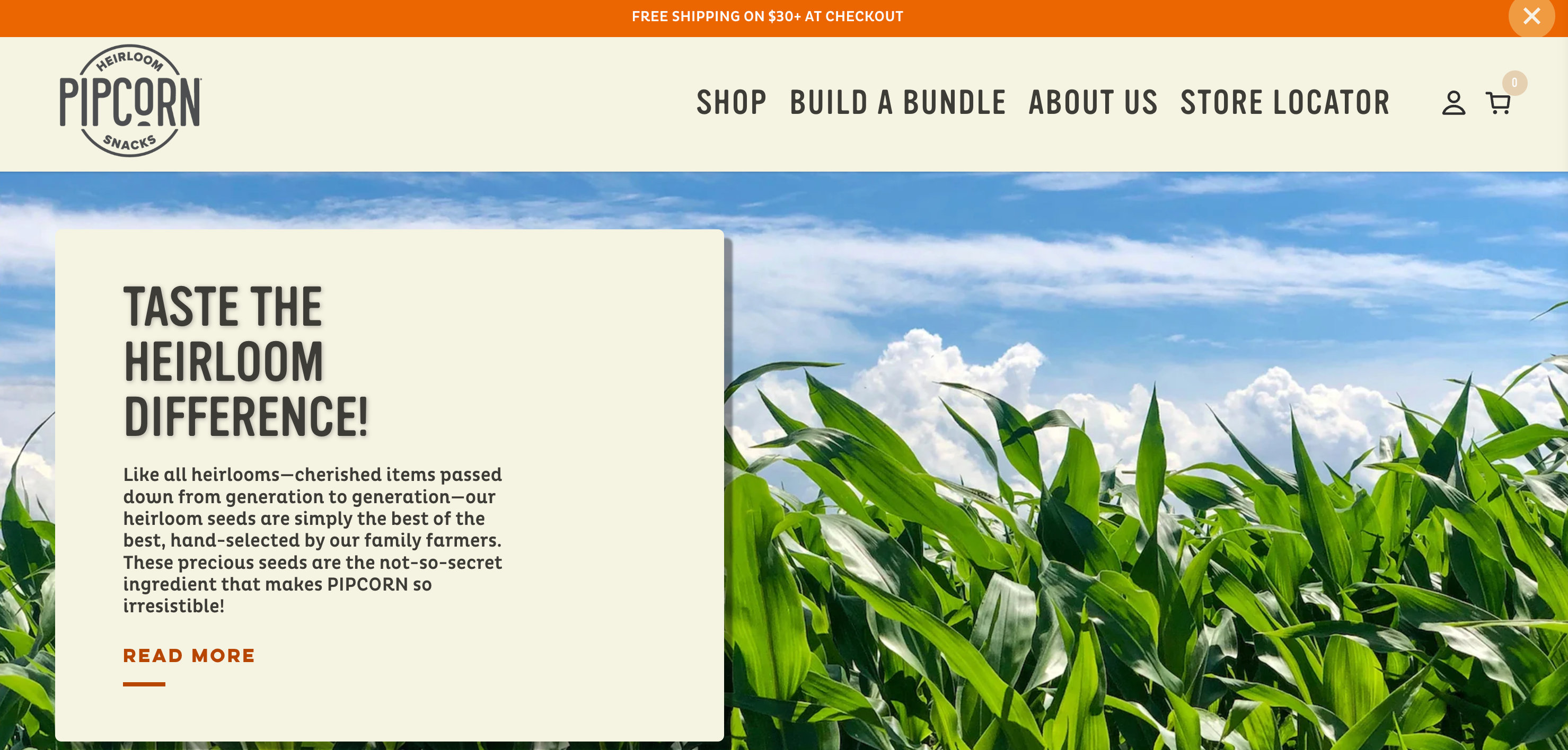 Ecommerce homepage for the brand Pipcorn