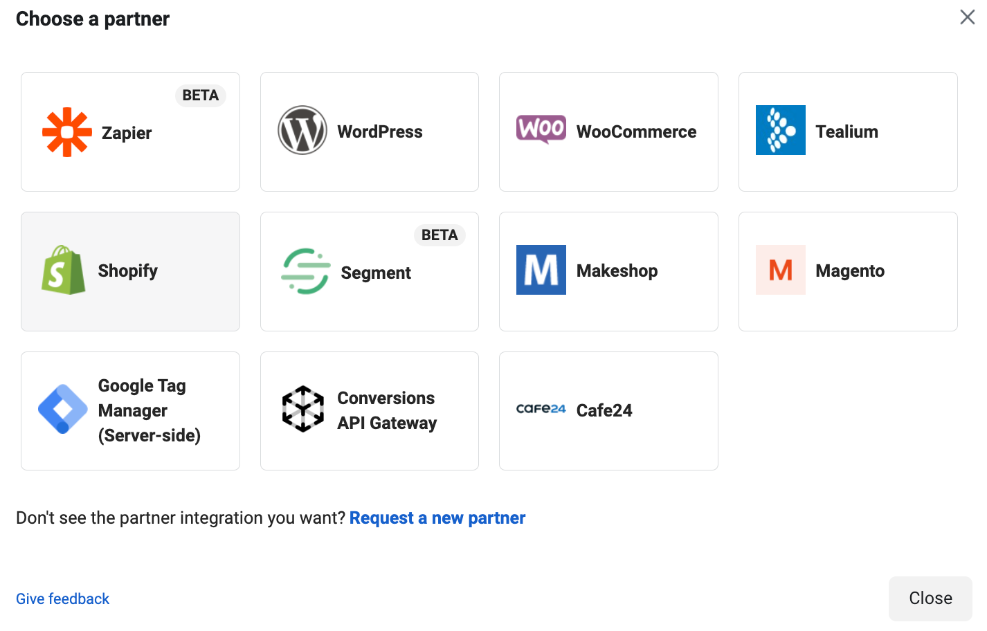 Selection of partners available for pixel integration