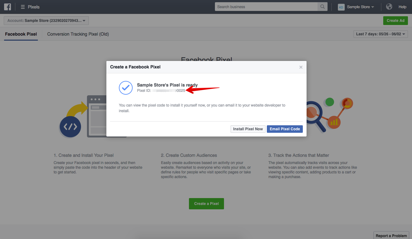 A Pixel ID is shown in a popup box in Meta Business Manager.
