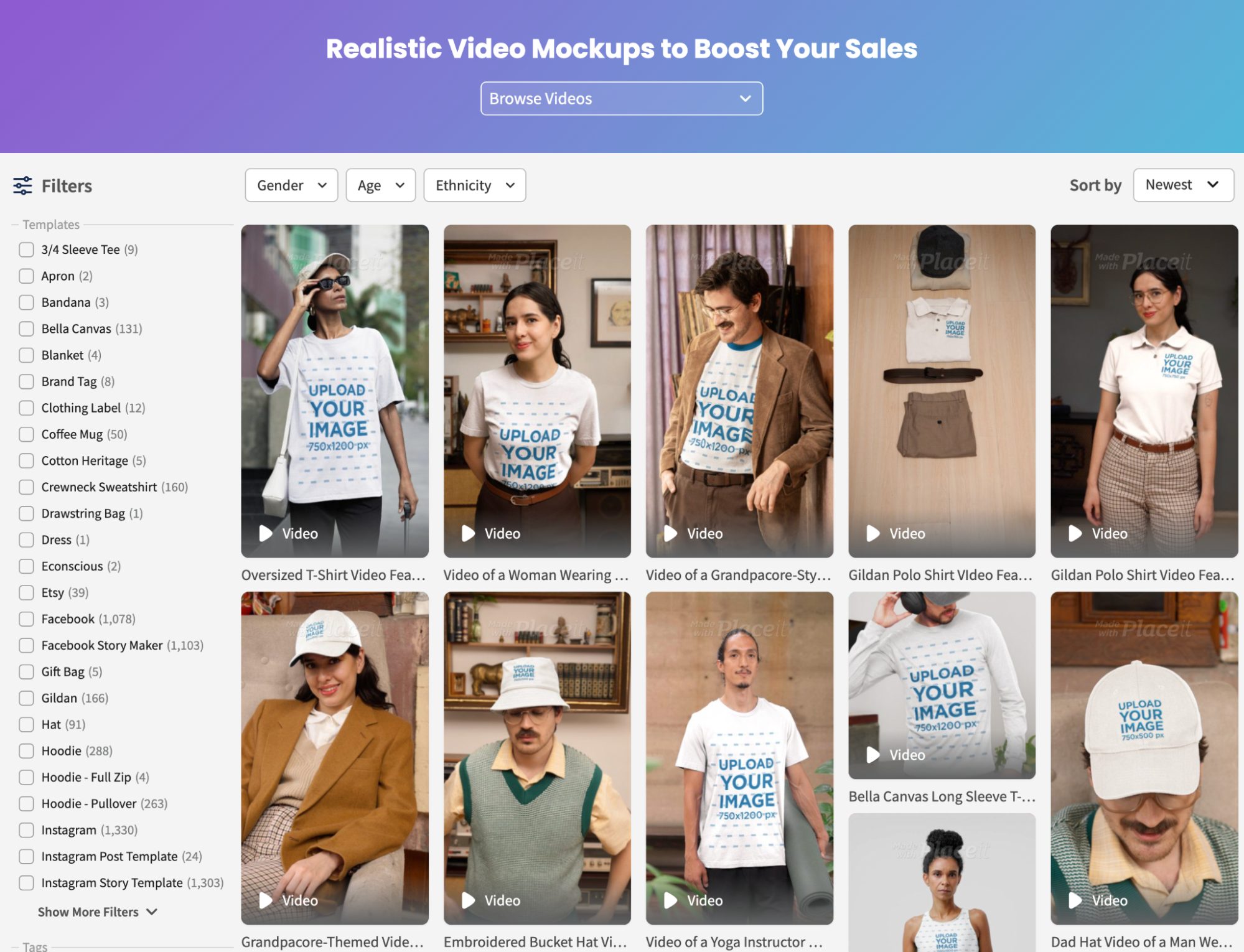 Video mockup gallery showing models wearing customizable shirts and hats in different scenes.