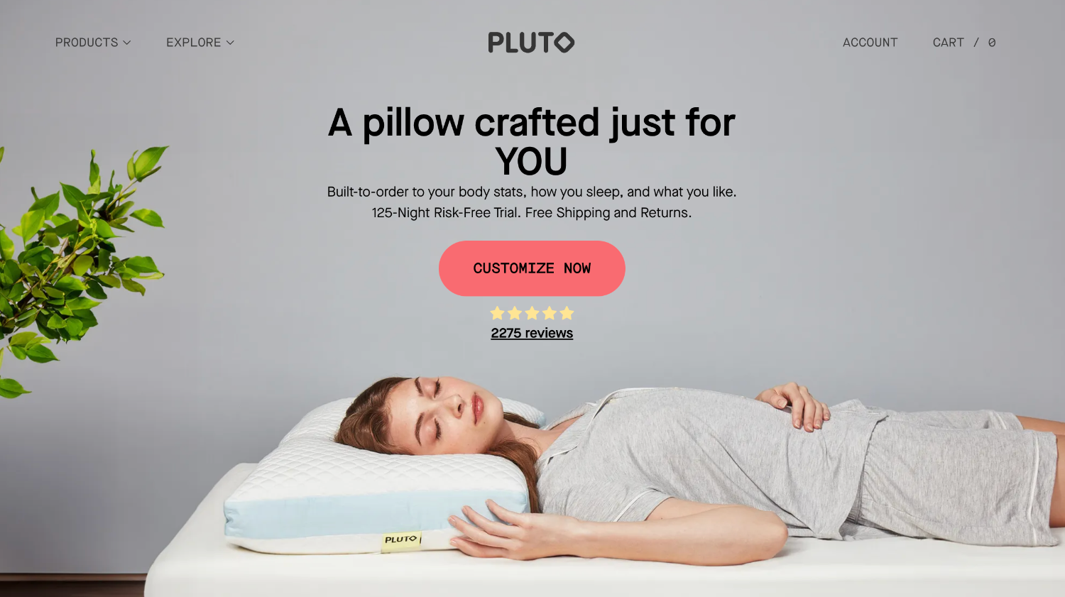 An ecommerce webpage for Pluto Pillow