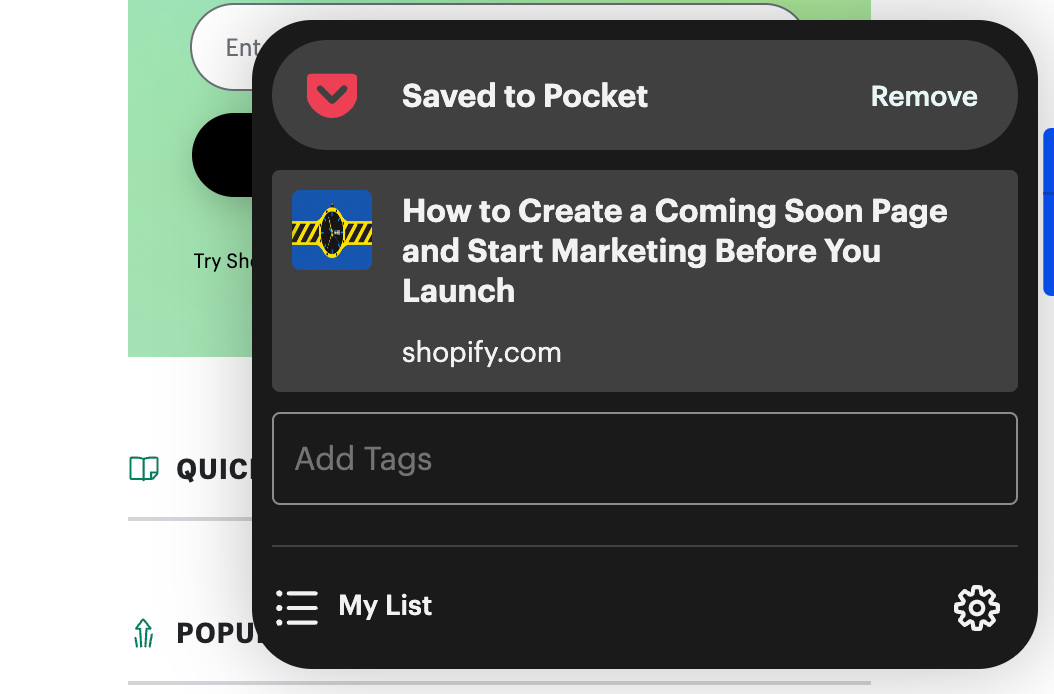 Pocket extension showing a saved Shopify article when creating a Coming Soon page.