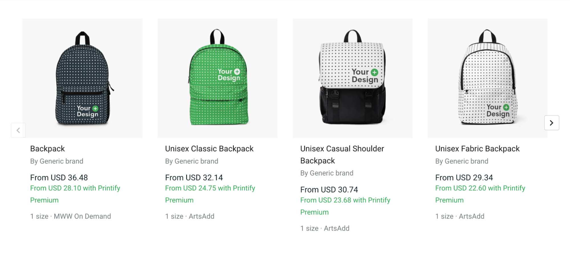Four print-on-demand backpacks.