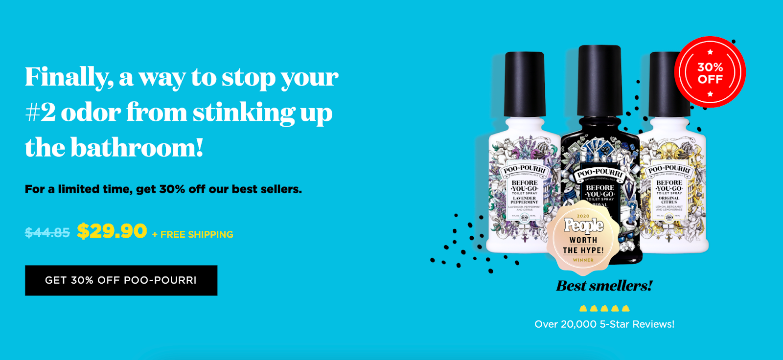 The Poo~Pourri Best Smellers bundle, merchandised with 3 top sellers and a discount against a blue backdrop.