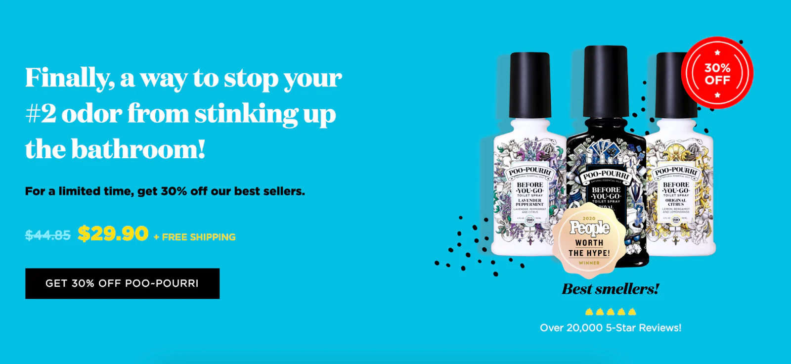 The Poo~Pourri Best Smellers bundle, merchandised with 3 top sellers and a discount against a blue backdrop.