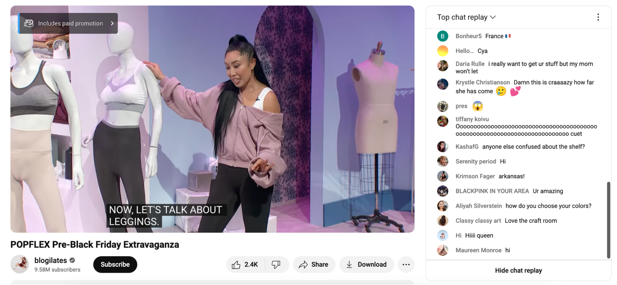 YouTube live stream of a woman selling workout clothes.