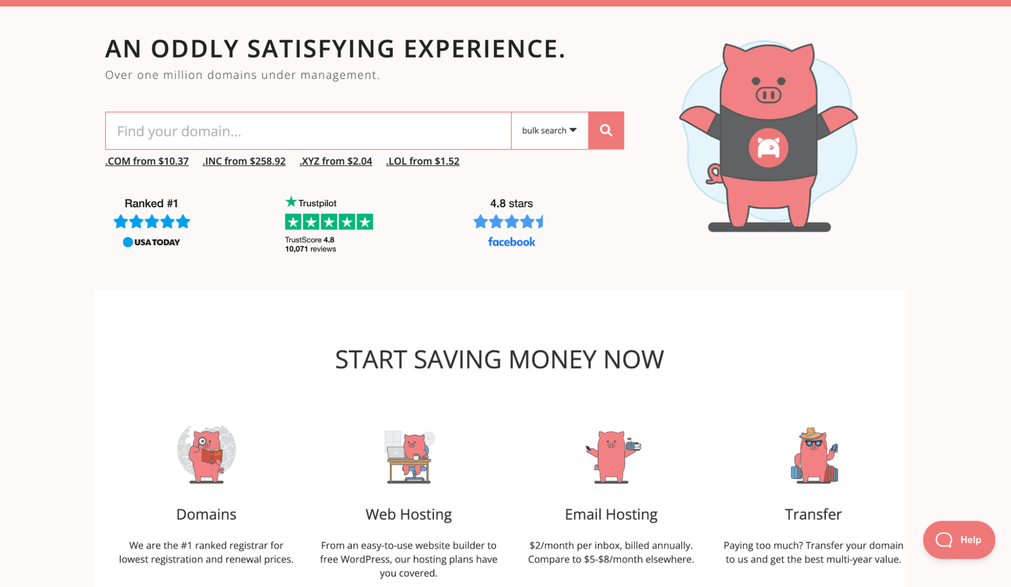 Homepage of domain registrar Porkbun with a search bar to find domains, alongside a cartoon of a pig.