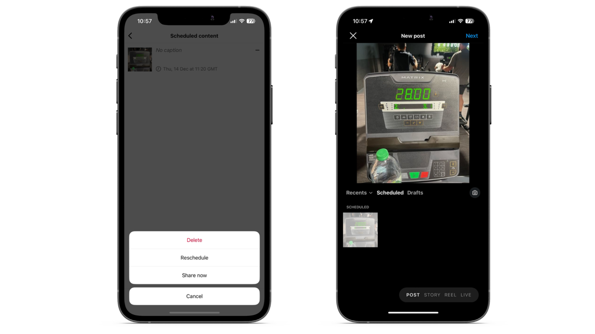 Image of two phones showing how to manage scheduled IG posts.