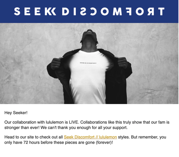 Un e-mail pour la collaboration Seek Discomfort et Lululemon avec un homme portant un T-shirt de la marque.