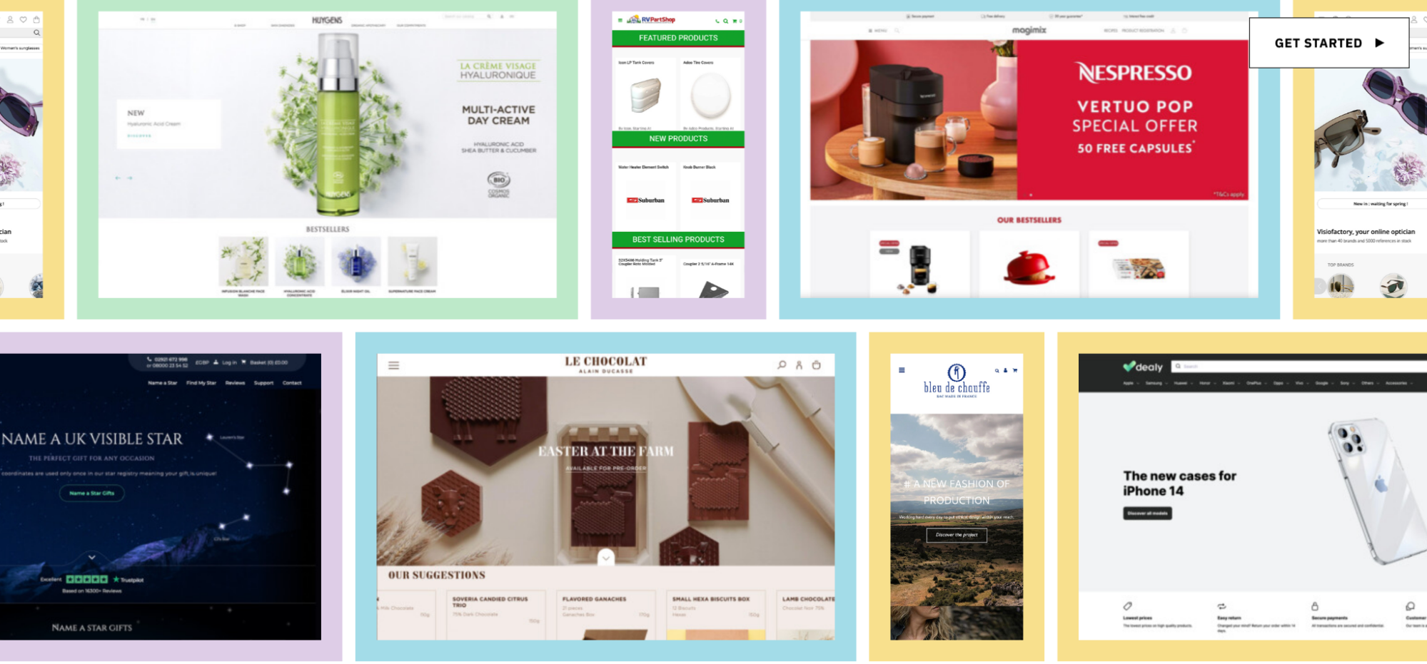 Screenshots of ecommerce storefronts, including images of coffee, chocolate, and cosmetics stores.