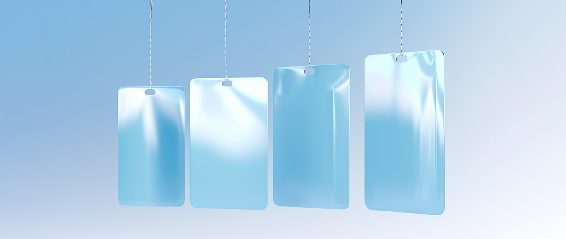 Four shiny blue price tags on a blue and white background.