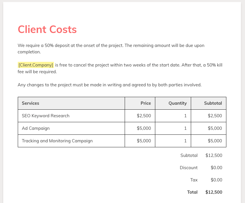 Screenshot of image of pricing table in a business proposal template