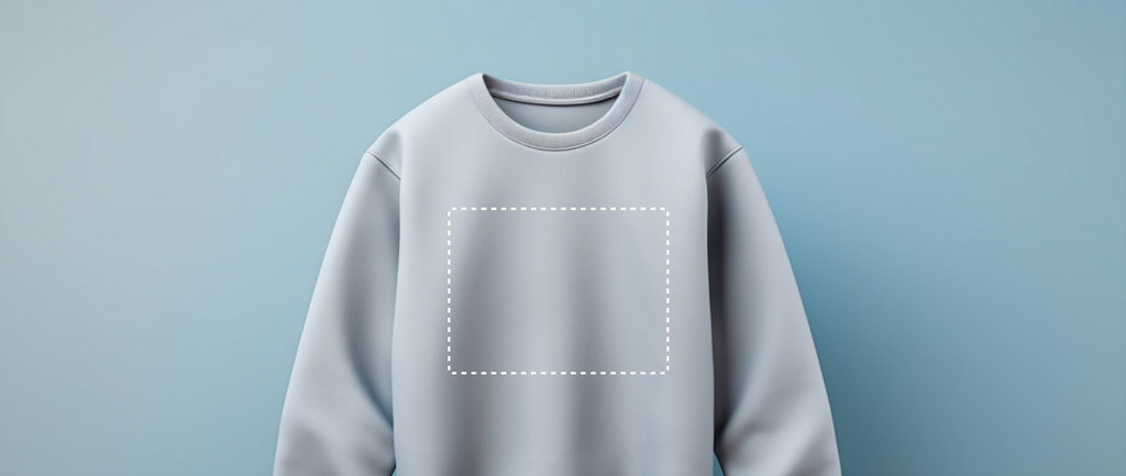 Gray sweater with an empty square on its chest, on a blue background.