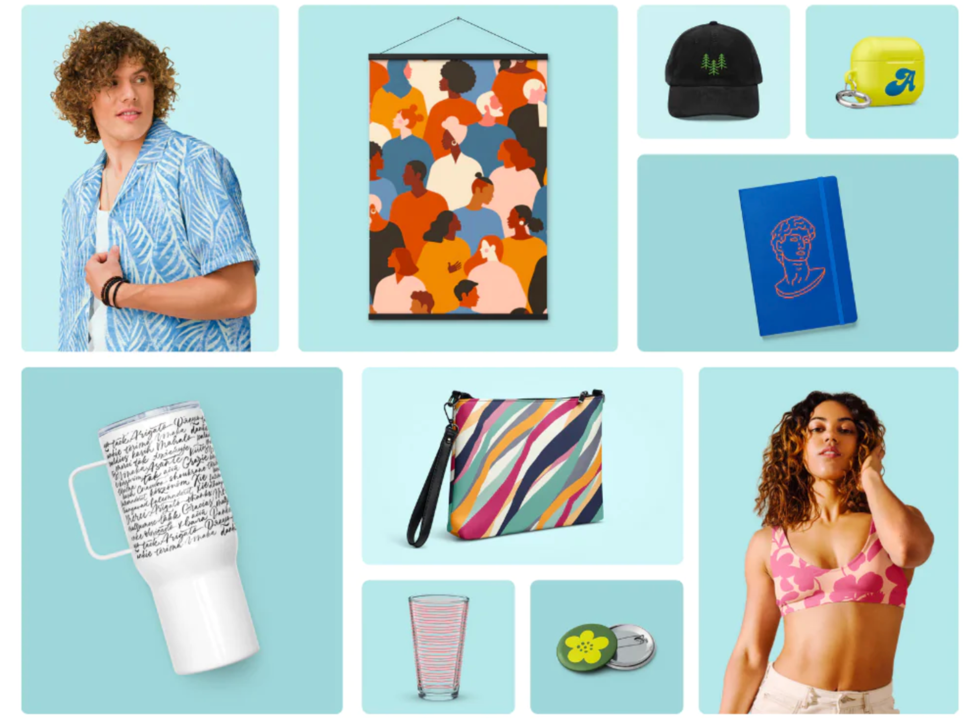 A collage of print-on-demand products available to source from Printful.