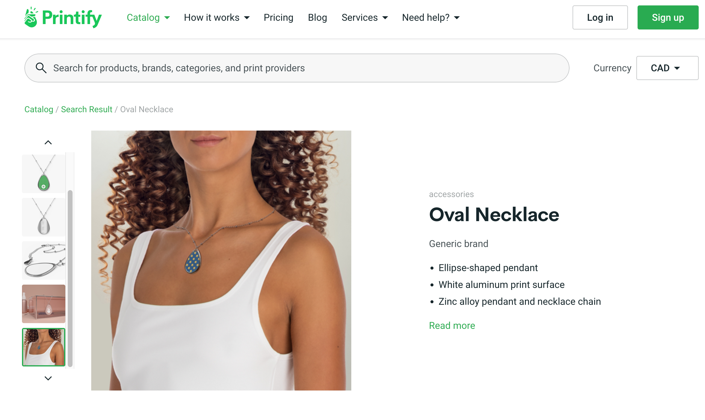 Printify website showing a product page for jewelry print on demand offerings