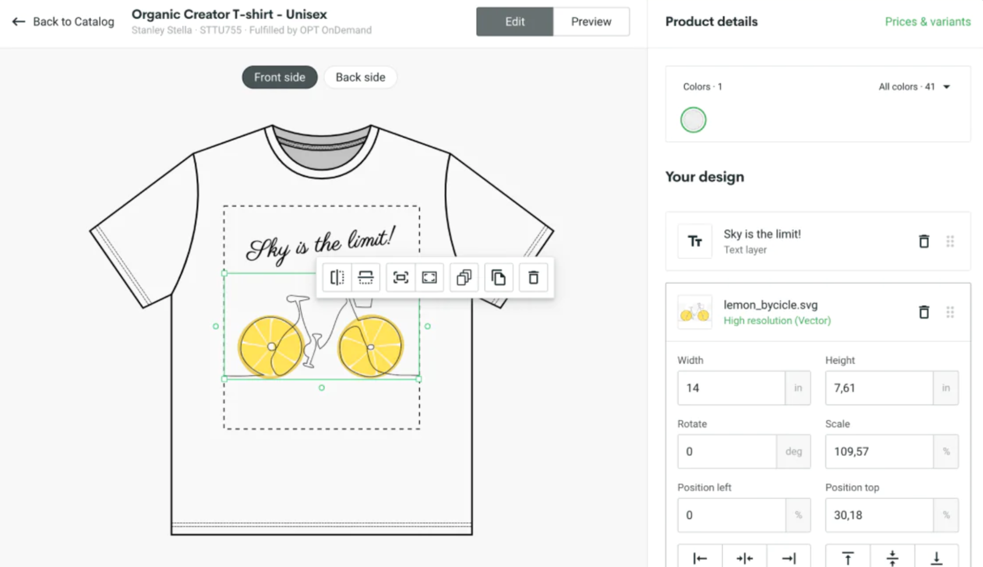 Printify’s T-Shirt design dashboard showing the ability to upload and edit a custom graphic.