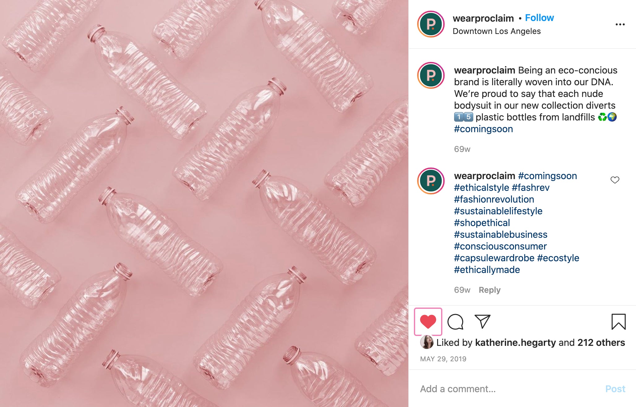 Proclaim Instagram post featuring plastic water bottles against a pink background