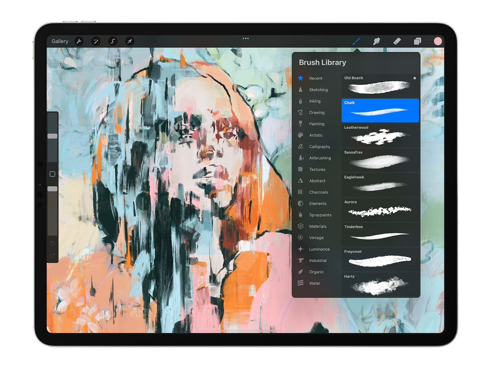 The brush library is displayed in the illustration app, Procreate.