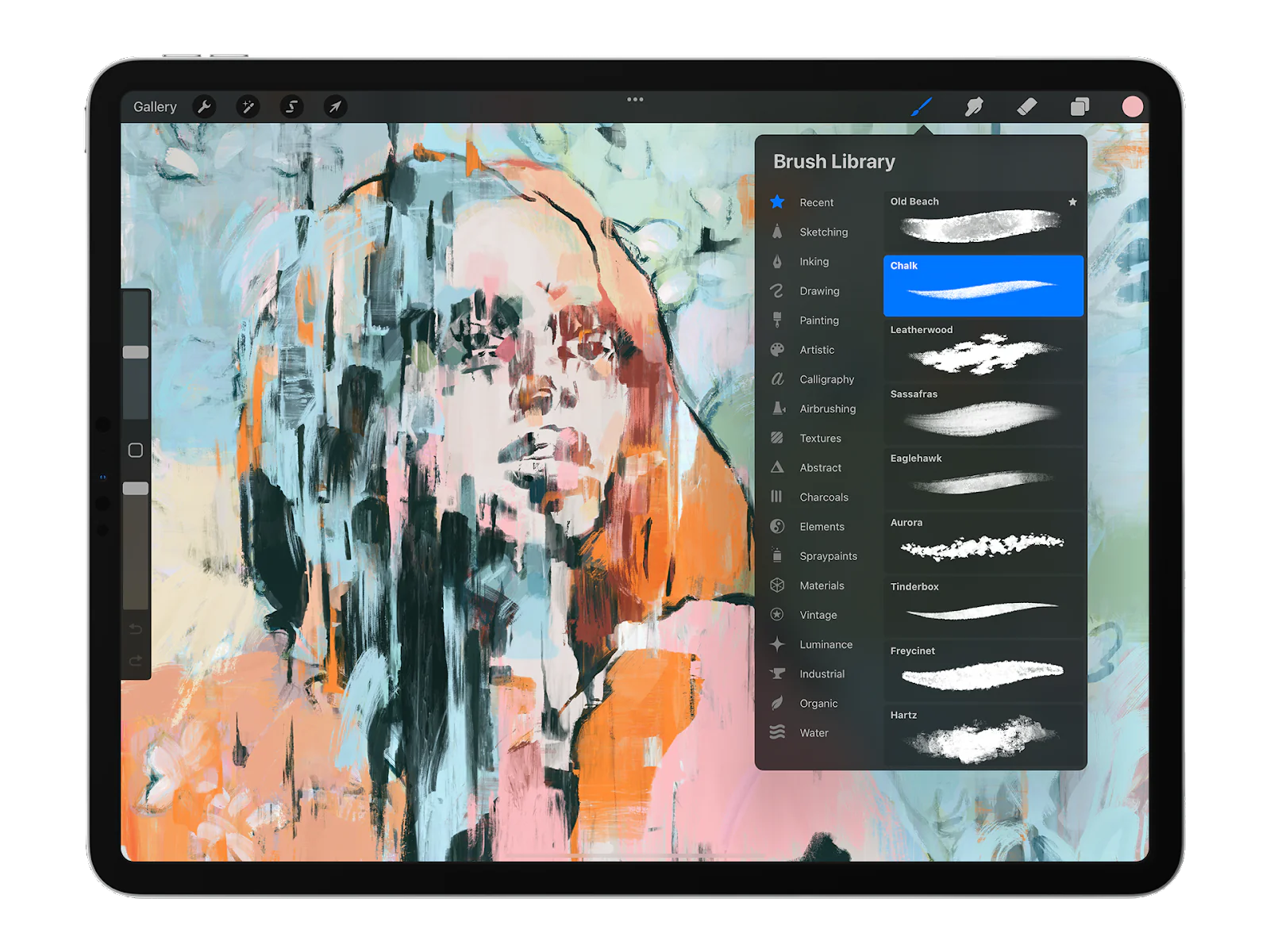 The brush library is displayed in the illustration app, Procreate.