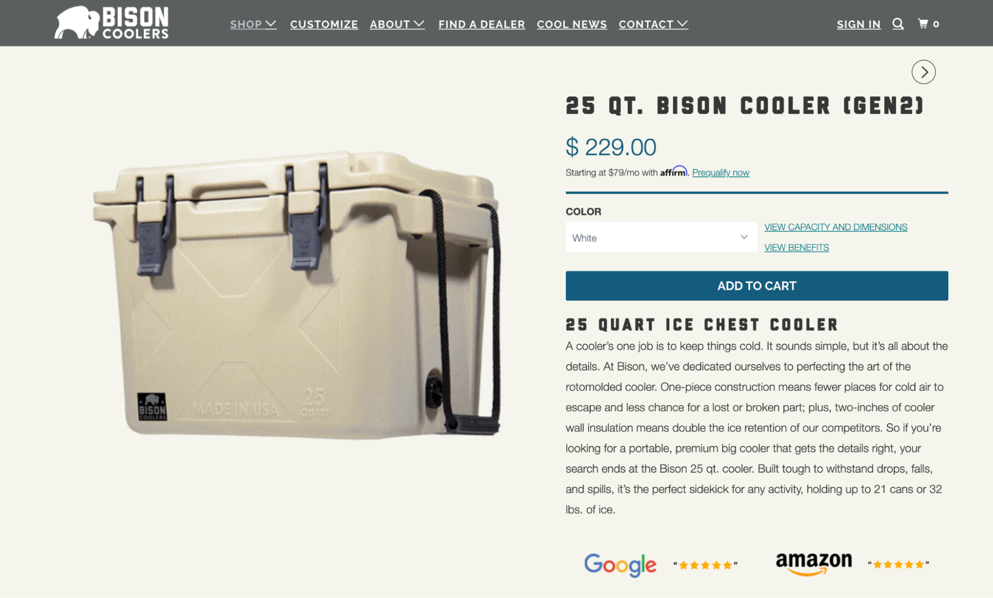 Product page for a beige ice chest cooler.