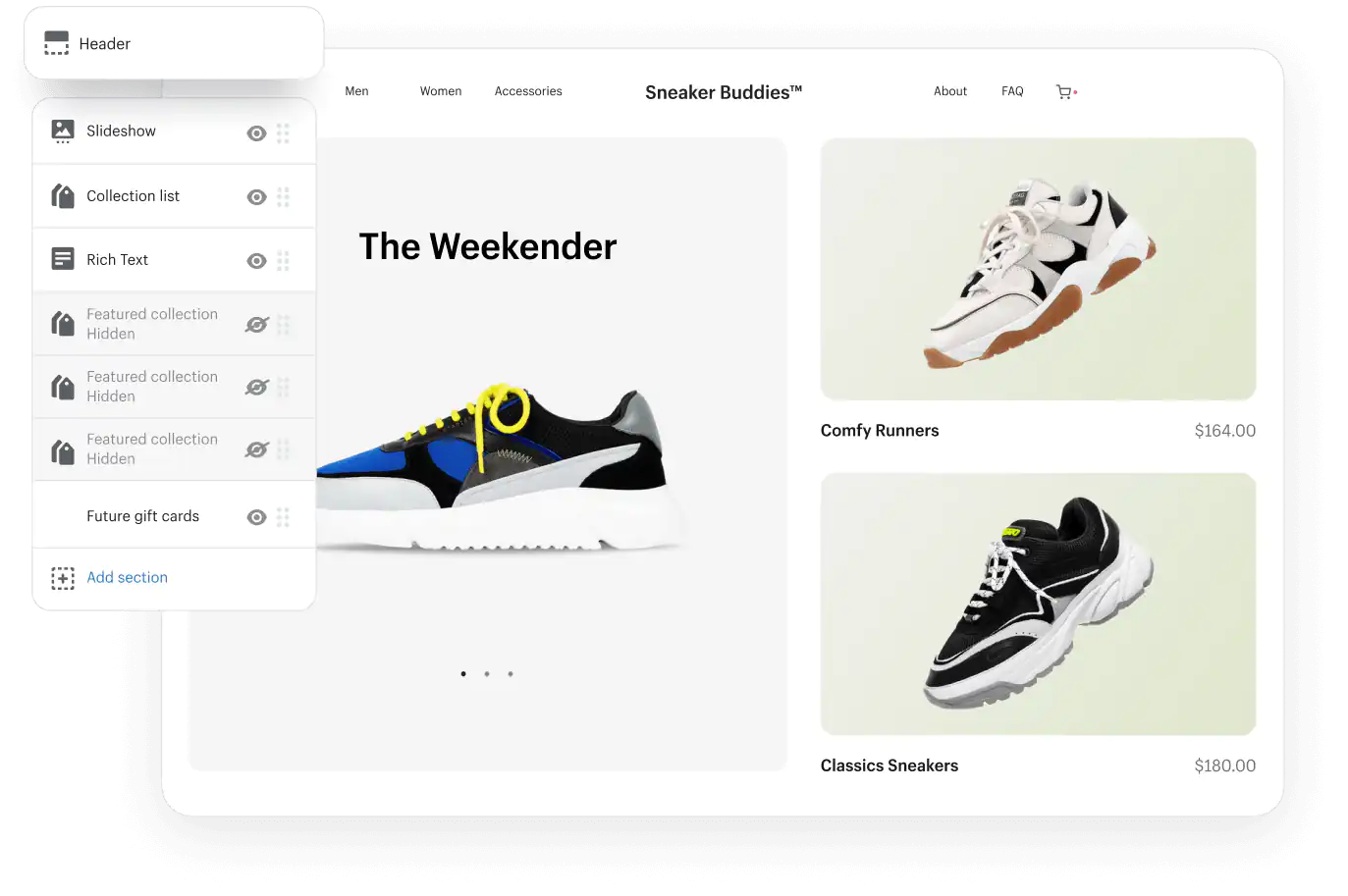 A sneaker store with large product images and sans-serif font designed using Shopify’s store builder.