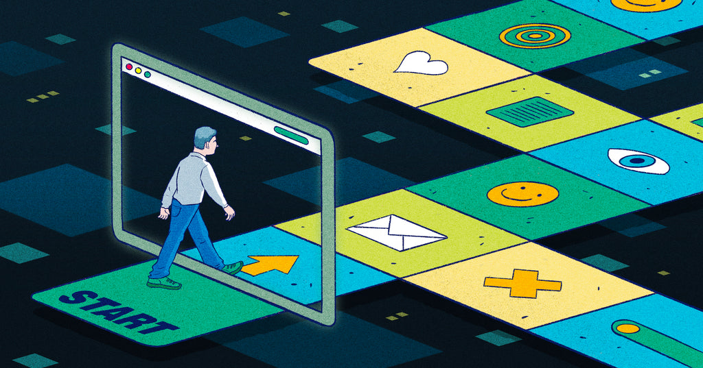 Illustration of a customer walking through a virtual board game, with each square representing a part of the product page experience