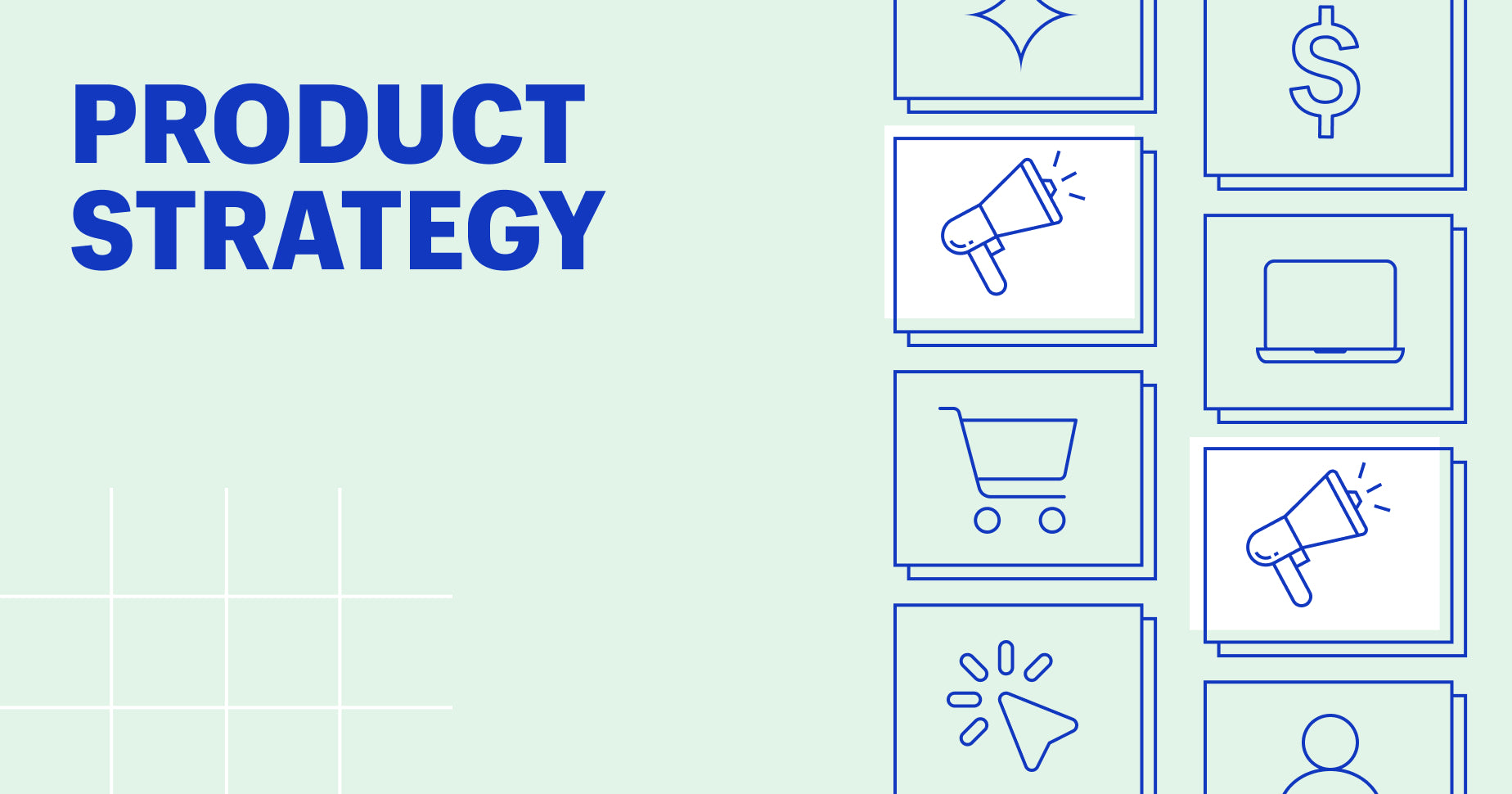 product strategy on left, right icons related to product strategy, shopping carts, bullhorns, computer screens