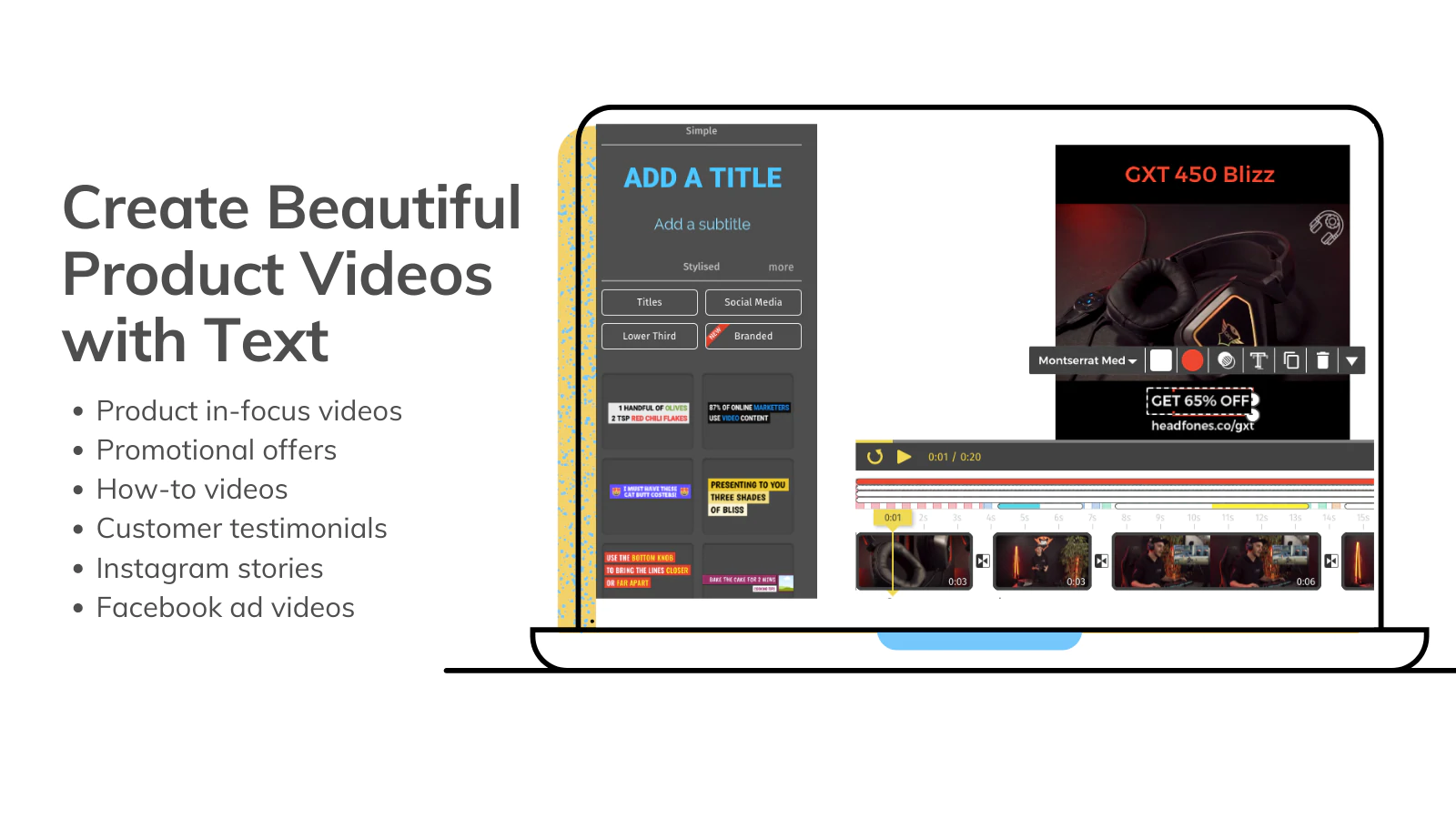 A screenshot of product video maker's product, next to the words, create beautiful product videos with text and a bulleted list
