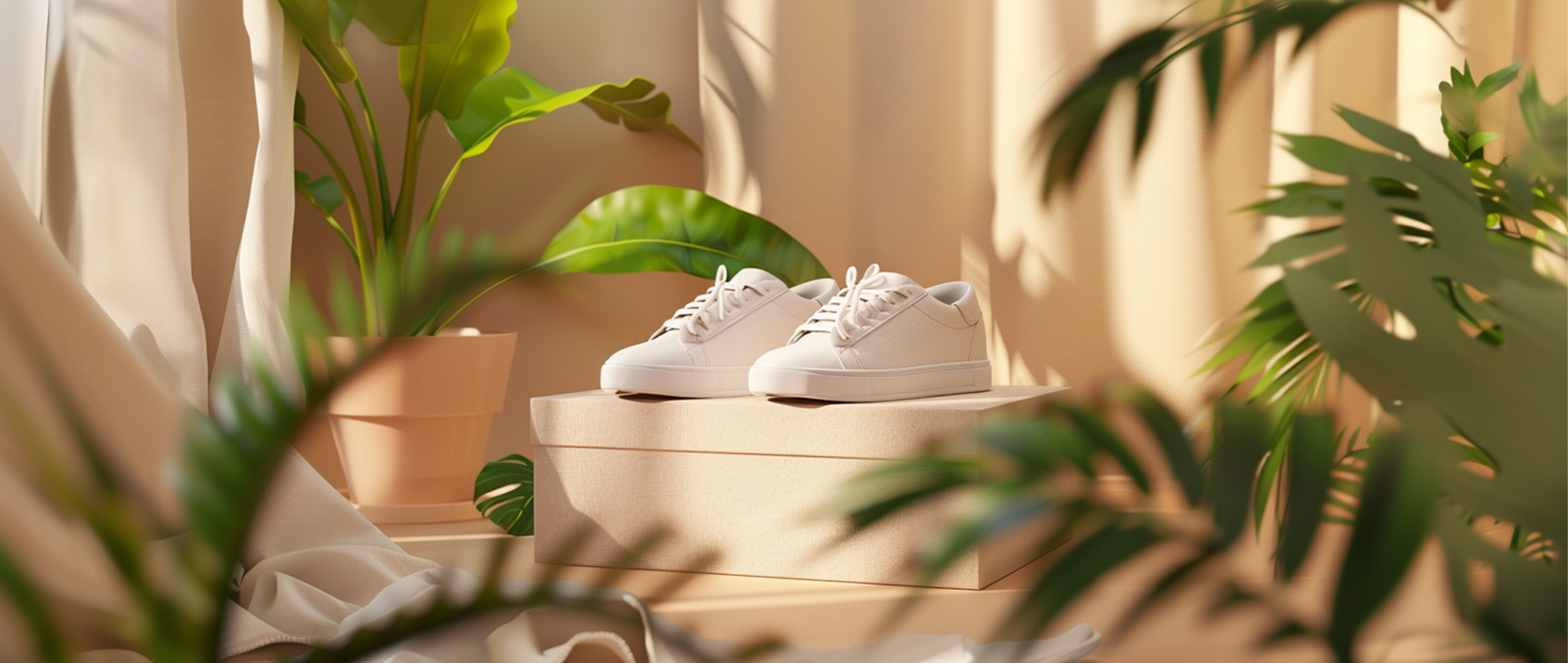 A pair of white sneakers on a display surrounded by plants.